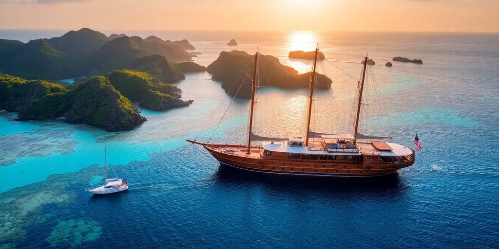 Elbark Komodo Phinisi boat in beautiful tropical waters.