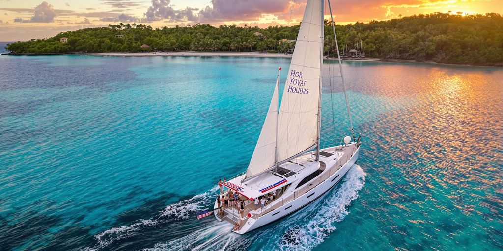 Luxurious sailboat at sunset with joyful guests aboard.